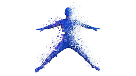 A blue human figure appears to be disintegrating into numerous small squares and particles...の写真素材