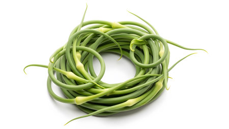 Scapes showing fresh green garlic scapes tied in a circular wreath shape on white background...