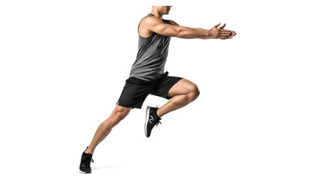 A man in a grey tank and black shorts runs with arms outstretched on a white background.