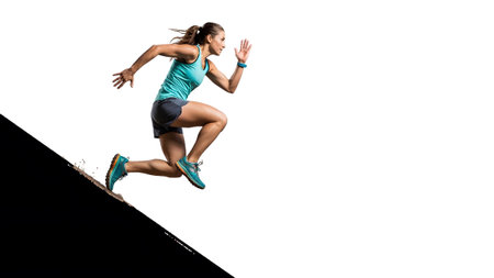 Background showing fit woman in teal tank and grey shorts running downhill on a white...