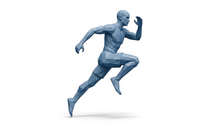 showing blue low poly 3d model of a male figure in a dynamic running pose on white...の写真素材