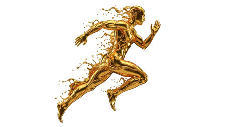 Background showing golden humanoid figure in motion splashing liquid gold on white background....