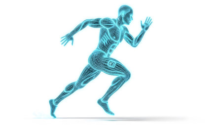 A blue wireframe 3D model of a male runner in mid-stride, depicted with anatomical detail.の写真素材