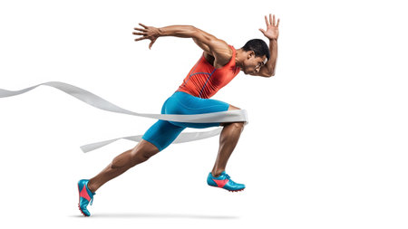 Athlete showing male athlete in orange and blue racing gear crossing finish line with dynamic...