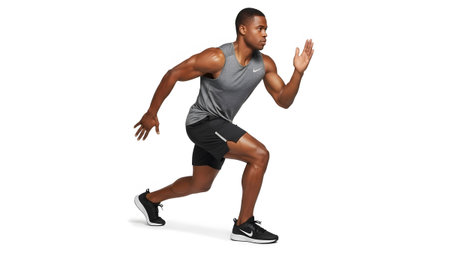 An athletic African American man in a gray tank and black shorts runs forward with his arms bent...