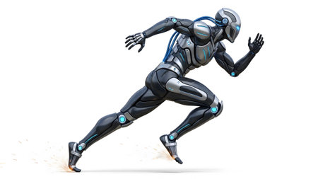 Futuristic humanoid robot in a dynamic running pose with blue accents and...の写真素材