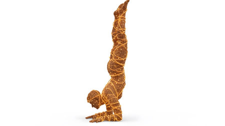 showing human figure formed by twine and lights performing a handstand on white.