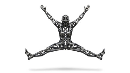 A geometric metal figure resembling a person jumps with arms and legs spread wide against a...
