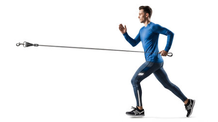 A man in a blue long-sleeved shirt and grey pants runs with a dog leash attached to his waist...