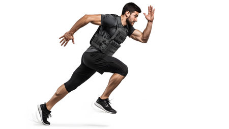 Muscular man in athletic wear sprints forward wearing a weighted vest against a clean white...