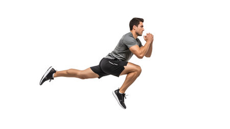 A man in a grey t-shirt and black shorts is in mid-air performing a dynamic jumping lunge with...