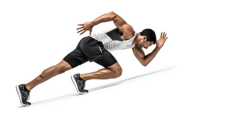 A man with defined muscles sprints forward dynamically, arms outstretched, on a clean white...