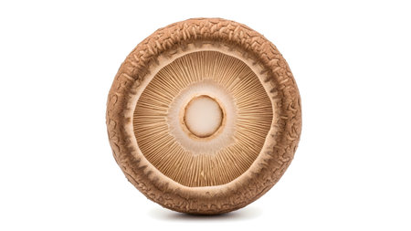 Showing close-up overhead view of a shiitake mushroom cap showing gills on white...の写真素材