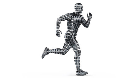 A 3D rendered male figure constructed from dark gray and white squares is shown in a dynamic...の写真素材