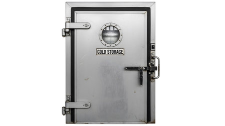 Porthole showing heavy duty industrial cold storage door with round porthole window and metal...
