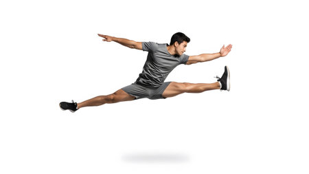 White showing man performing a split jump in mid-air wearing grey athletic clothing on white...