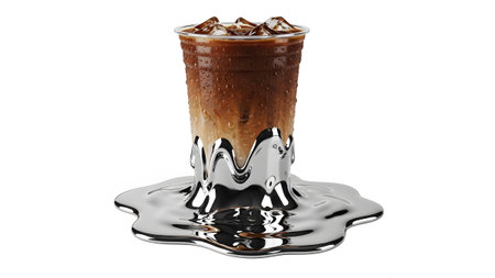 Clear showing iced coffee drink in a clear plastic cup with a molten silver base and ice cubes....