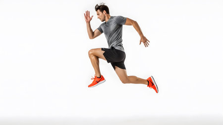 An athletic man is captured mid-stride in a dynamic sprint, his body in motion against a white...