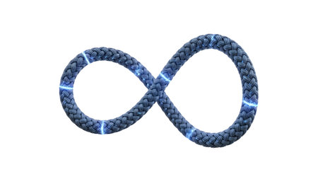 Braided showing braided infinity symbol with blue electric sparks on white background.