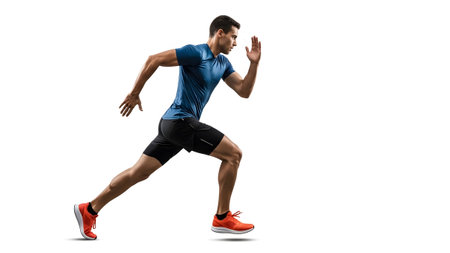 Background showing man running fast in blue shirt and black shorts with orange shoes on white...