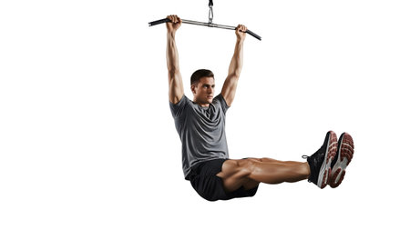 A muscular man with short brown hair in a grey t-shirt and black shorts performs hanging leg raises.