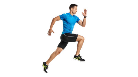 Background showing man running fast in blue shirt black shorts and fitness tracker on white...