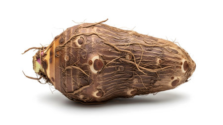 Background showing raw taro root vegetable with brown textured skin and roots on white...
