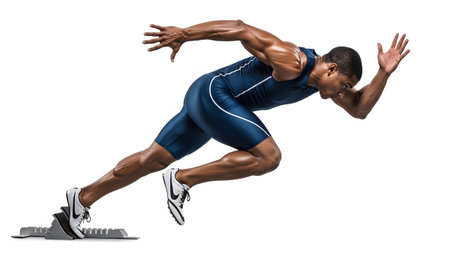 A powerfully built male athlete in a dark blue racing suit explodes from starting blocks, arms...