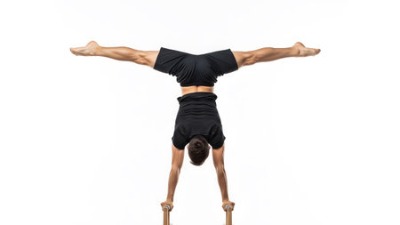 Showing man performing a handstand with legs spread wide on parallel bars against a...