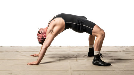 A muscular man in a black wrestling singlet performs a deep back bridge on a tan mat....