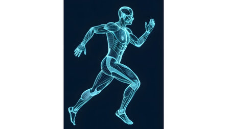 Background showing wireframe human male anatomy in running pose with blue neon glow on dark...