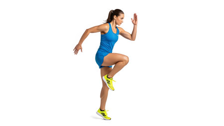 A fit woman in a blue tank and shorts performs a dynamic running exercise with one knee raised