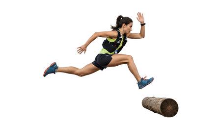 A woman in athletic gear leaps over a log, captured in mid-air against a white background.