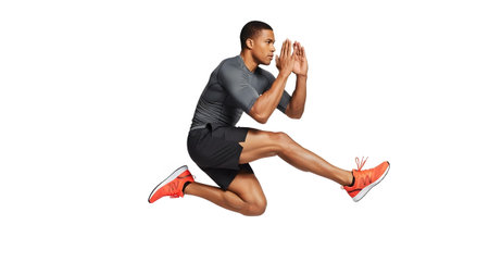 A man in athletic attire is captured mid-air during a dynamic jump, showcasing his athletic...
