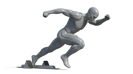 A grey 3D rendered male figure is positioned in starting blocks, poised for a sprint on a white...