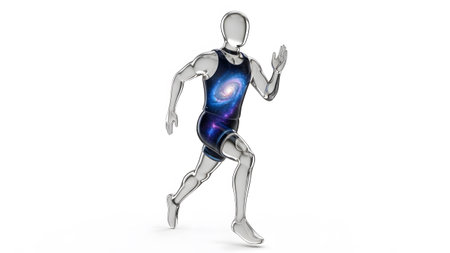 Singlet showing 3d rendered man with galaxy pattern on singlet running on white background.