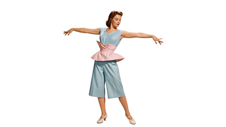 A woman in a 1950s style blue jumpsuit with a pink peplum belt poses with arms outstretched.
