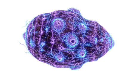 showing abstract blue and purple neon wireframe overlay on a textured organic with...