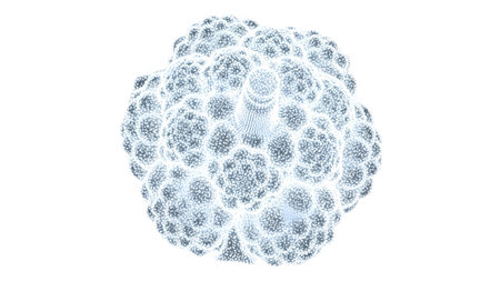 A detailed 3D rendering of a spherical cluster composed of numerous small, glowing white and...