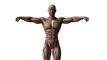showing anatomical of a male human muscular system with arms outstretched on a white...の写真素材