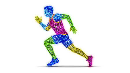 A male runner is illustrated with a colorful wireframe and neon outline, conveying energy and speed.