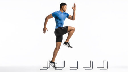 Isolated showing athletic man in blue shirt and black shorts sprinting over hurdles in fitness...