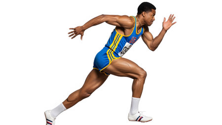 An athlete in a vintage blue and gold track uniform runs with a powerful stride on a white...