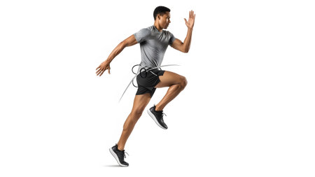 T-shirt showing fit man in grey t-shirt and black shorts running with harness and leash on white...