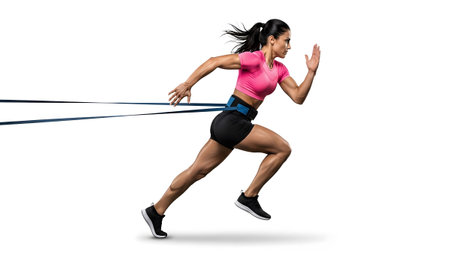 A woman with a ponytail in a pink crop and black shorts runs forward, a blue resistance band...