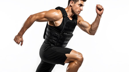 Man showing man in black tactical vest and black shorts running on white background.
