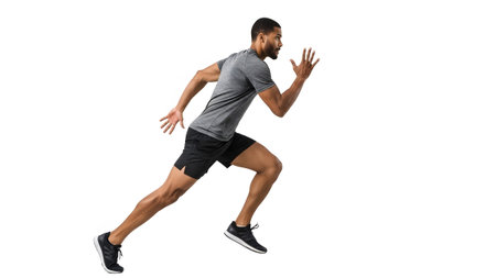 Fit man in grey t-shirt and black shorts running forward on a white background with motion blur.の写真素材