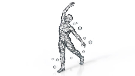 A metallic chrome humanoid figure in a graceful pose with arms outstretched and body angled,...の写真素材