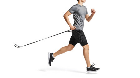 A man in athletic wear runs with a black retractable leash attached to a harness on a white...