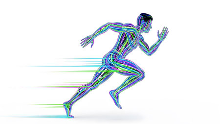 (4472) showing abstract human figure running with streaks of vibrant neon light trails...
